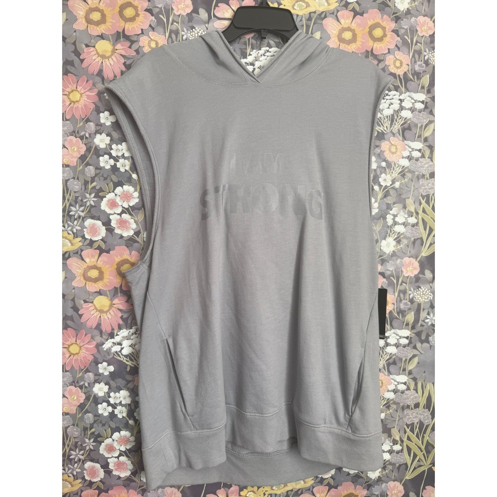 Zella Sleeveless Hoodie Tank‎ Top "I AM STRONG" Graphic Grey Athleisure Women L